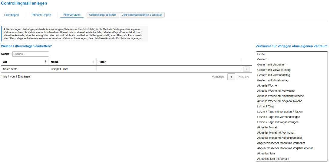 Screenshot des Reiters Filtervorlagen