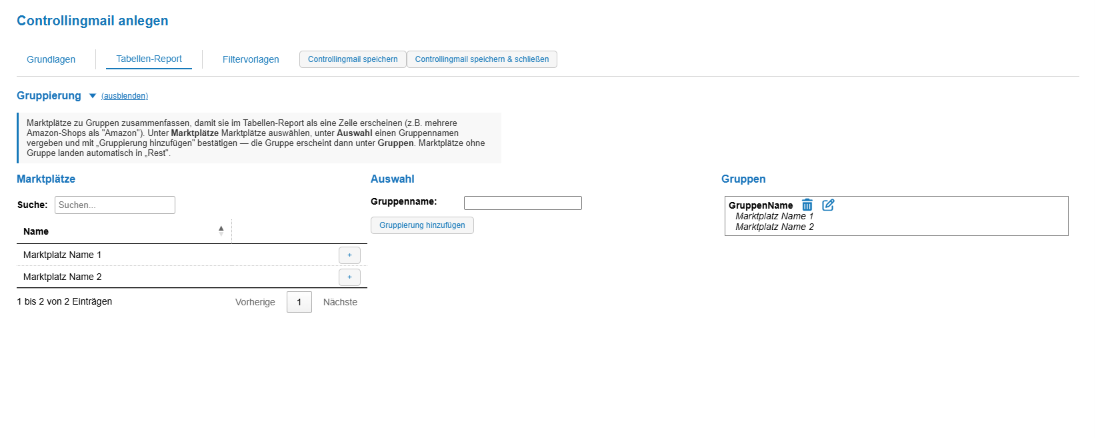 Screenshot des Reiters Gruppierung