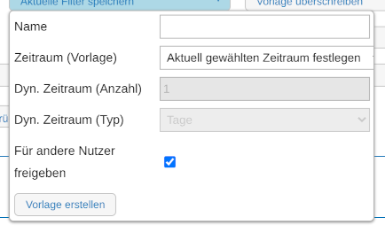 Speicherformular für Filtervorlagen